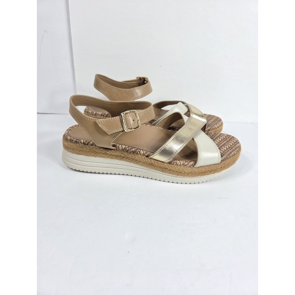 Vionic Platform Sandals Women 8.5 Tan Gold Cream Good Espadrille Flatform Strap